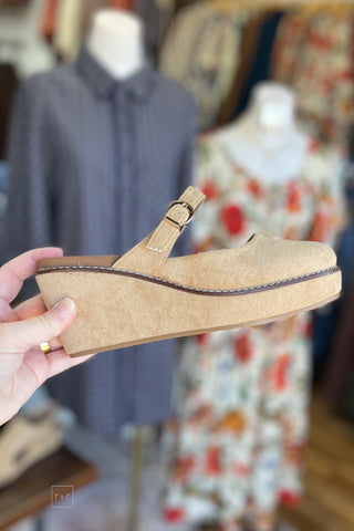 Corkys Footwear Me Time Closed Toe Wedge Shoe in Camel Faux Suede side view