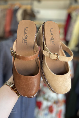 Corkys Footwear Me Time available in 2 colors Auburn and Camel Faux Suede
