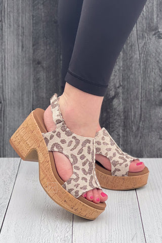 Corkys Footwear Miss Carley chunky block cork heel sandal  in Tan Sparkle Leopard