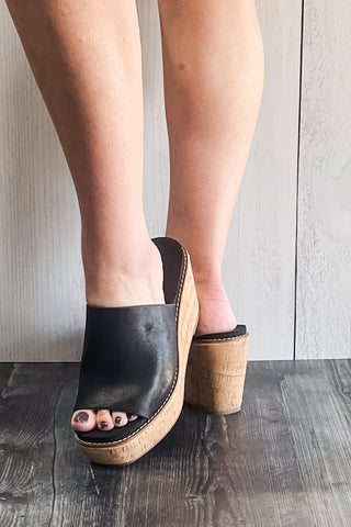 corkys footwear mugshot black oil PU wedge platform shoes single wide strap sandals