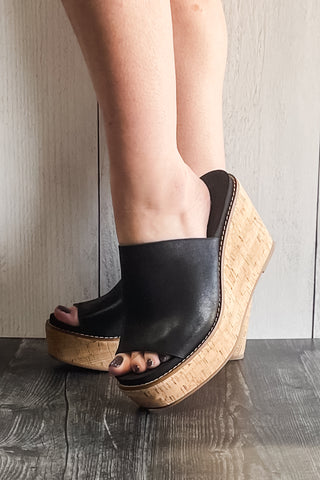 corkys footwear mugshot black oil PU wedge platform shoes single wide strap sandals