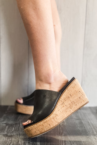 corkys footwear mugshot black oil PU wedge platform shoes single wide strap sandals