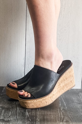 corkys footwear mugshot black oil PU wedge platform shoes single wide strap sandals