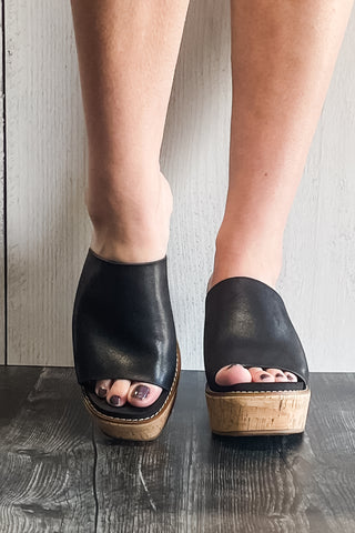 corkys footwear mugshot black oil PU wedge platform shoes single wide strap sandals