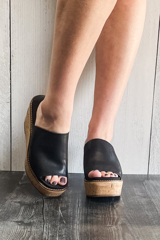 corkys footwear mugshot black oil PU wedge platform shoes single wide strap sandals
