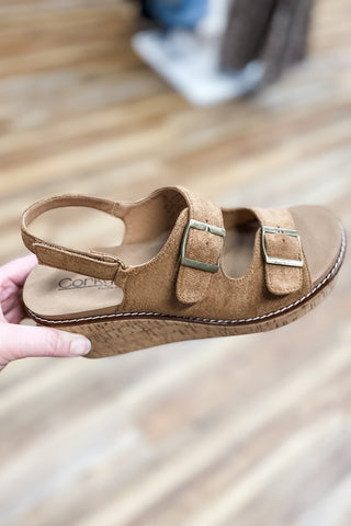 Corkys Footwear My 2 Cents double strap wedge sandals in tobacco faux suede with antique bronze buckles, adjustable straps and memory foam insole