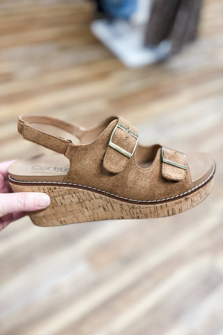 Corkys Footwear My 2 Cents double strap wedge sandals in tobacco faux suede with antique bronze buckles, adjustable straps and memory foam insole