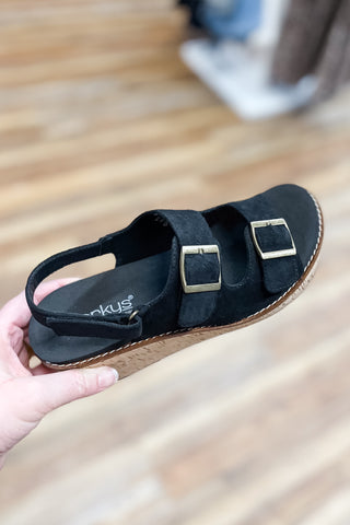 Corkys My 2 Cents Wedge Sandals in Black Faux Suede