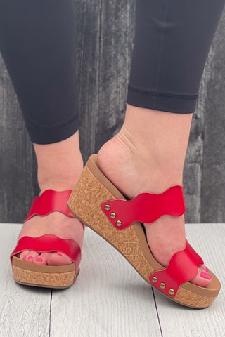 Corkys Footwear Obviously Scalloped Double Strap Wedge Sandals in Red