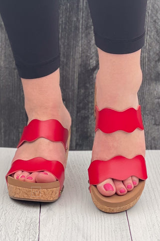 Corkys Footwear Obviously Scalloped Double Strap Wedge Sandals in Red