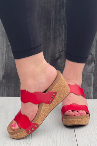 Corkys Footwear Obviously Scalloped Double Strap Wedge Sandals in Red