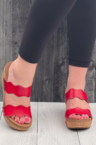 Corkys Footwear Obviously Scalloped Double Strap Wedge Sandals in Red