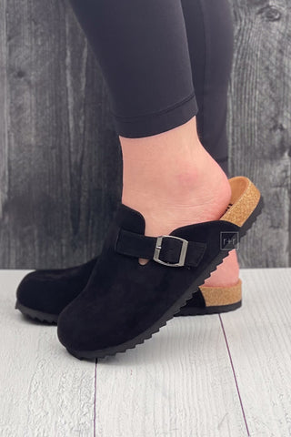 Corkys Footwear One For The Books Clogs in Black Faux Suede Birkenstock boston inspired dupe