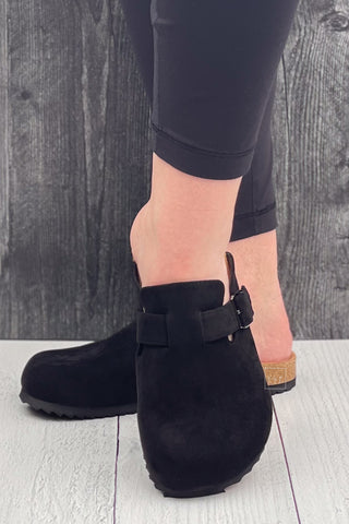 Corkys Footwear One For The Books Clogs in Black Faux Suede Birkenstock boston inspired dupe