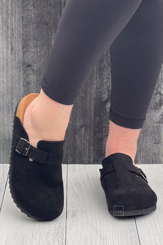 Corkys Footwear One For The Books Clogs in Black Faux Suede Birkenstock boston inspired dupe