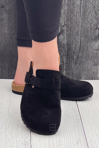 Corkys Footwear One For The Books Clogs in Black Faux Suede Birkenstock boston inspired dupe