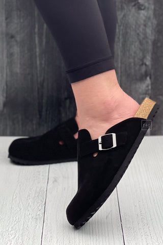 Corkys Footwear One For The Books Clogs in Black Faux Suede Birkenstock boston inspired dupe