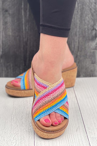 Corkys Footwear Peace Out Multi Color Rainbow criss cross strap wedge sandals