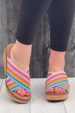 Corkys Footwear Peace Out Multi Color Rainbow criss cross strap wedge sandals