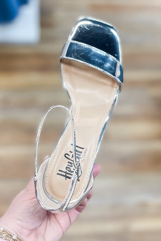 Corkys Save The Date Silver Chrome Block Heel Sandals