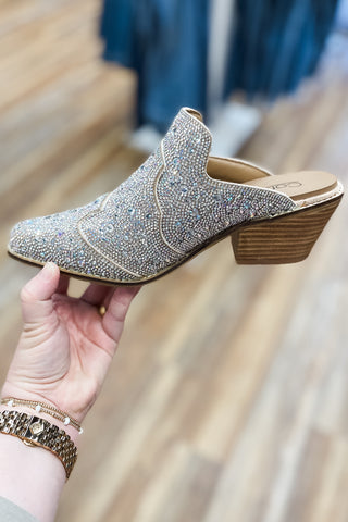 Corkys Footwear Tex Mex heeled mule with clear rhinestones in western style with cushioned memory foam insole