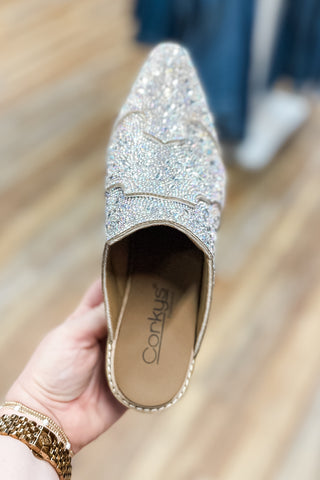 Corkys Footwear Tex Mex heeled mule with clear rhinestones in western style with cushioned memory foam insole