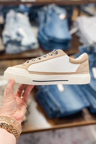 Corkys Footwear Thats Her Casual Fashion Sneaker Sand White Black with lopard print laces inside view