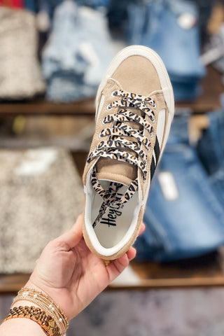Corkys Footwear Thats Her Casual Fashion Sneaker Sand White Black with lopard print laces top view