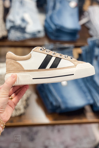 Corkys Footwear Thats Her Casual Fashion Sneaker Sand White Black with lopard print laces - 2 stripes