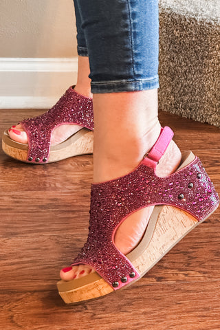 corkys footwear The Ashley in fuchsia Rhinestone sparkly wedge heel perfect for valentines day and other spring and summer occasions