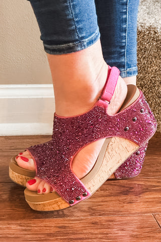 corkys footwear The Ashley in fuchsia Rhinestone sparkly wedge heel perfect for valentines day and other spring and summer occasions