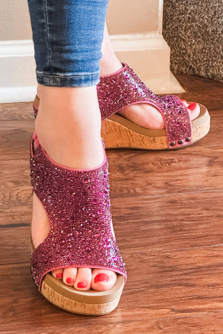 corkys footwear The Ashley in fuchsia Rhinestone sparkly wedge heel perfect for valentines day and other spring and summer occasions