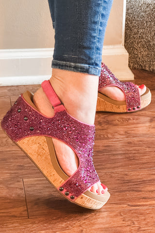 corkys footwear The Ashley in fuchsia Rhinestone sparkly wedge heel perfect for valentines day and other spring and summer occasions