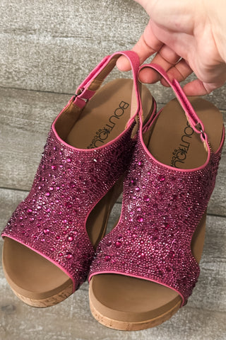 corkys footwear The Ashley in fuchsia Rhinestone sparkly wedge heel perfect for valentines day and other spring and summer occasions