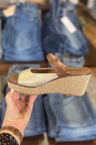 Corkys Footwear Treat Yourself Gold Combo Open Toe Wedge Shoe