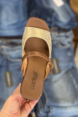 Corkys Footwear Treat Yourself Gold Combo Open Toe Wedge Shoe