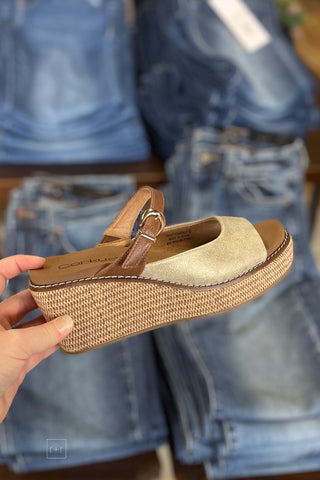 Corkys Footwear Treat Yourself Gold Combo Open Toe Wedge Shoe