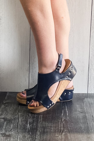 Corkys Footwear smooth navy volta lower heel wedge sandal