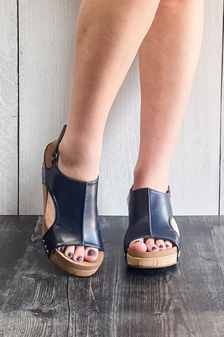 Corkys Footwear smooth navy volta lower heel wedge sandal