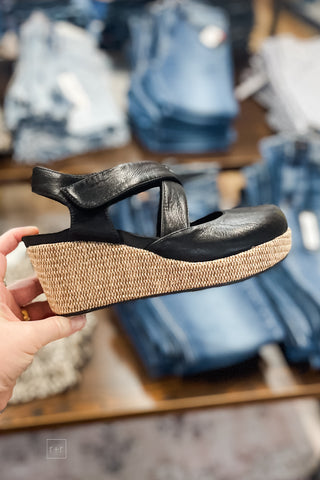 Corkys Footwear Black Whats The Rush Criss Cross Wedge Closed Toe Shoe with raffia-wrapped heel
