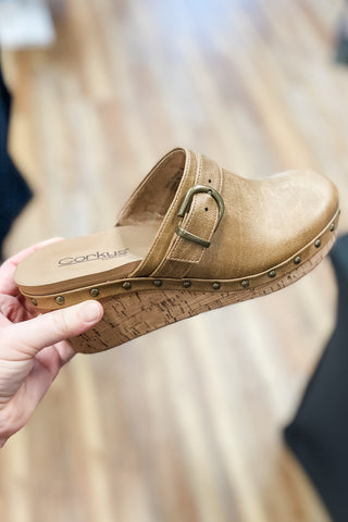 Corkys Footwear Who Knew tan wedge closed toe clog mule style fall shoe