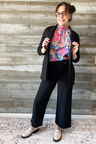 Dear Scarlett Magic Cropped Wide Leg Black Slacks Suit Separates Dress Pants Pull On Elastic Waist with Tummy Control