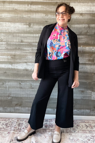 Dear Scarlett Magic Cropped Wide Leg Black Slacks Suit Separates Dress Pants Pull On Elastic Waist with Tummy Control