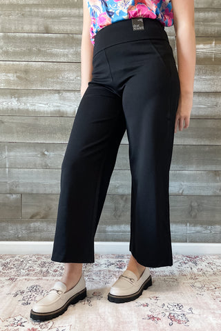 Dear Scarlett Magic Cropped Wide Leg Black Slacks Suit Separates Dress Pants Pull On Elastic Waist with Tummy Control