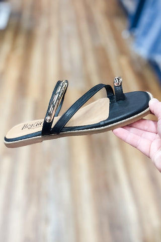 Corkys Footwear Dirty Looks Black Sandal with Gold Toe Ring detail