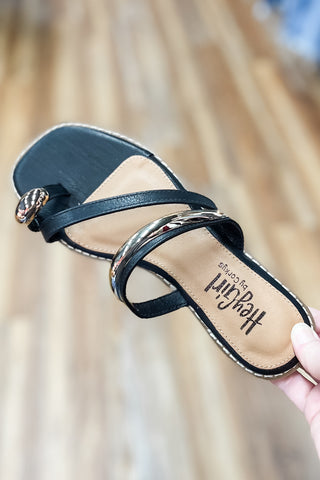 Corkys Footwear Dirty Looks Black Sandal with Gold Toe Ring detail