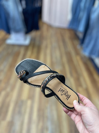 Corkys Footwear Dirty Looks Black Sandal with Gold Toe Ring detail