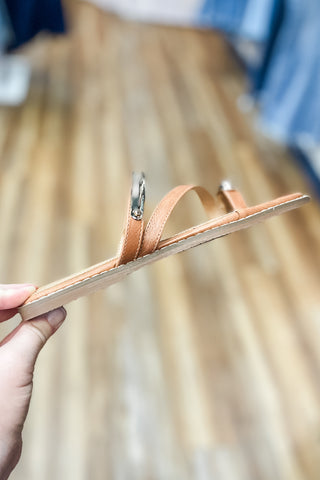 Corkys Footwear Dirty Looks Cognac Brown Sandal with Gold Toe Ring detail