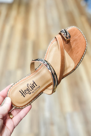 Corkys Footwear Dirty Looks Cognac Brown Sandal with Gold Toe Ring detail