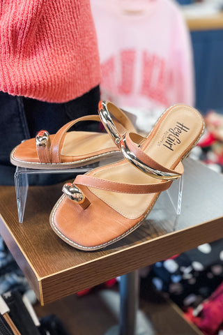 Corkys Footwear Dirty Looks Cognac Brown Sandal with Gold Toe Ring detail